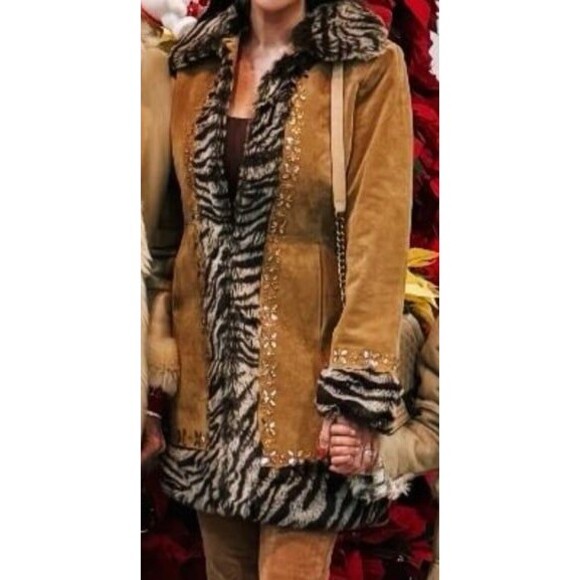 VTG 70s Suede Shearling Faux Fur Coat Jeweled Trim Zebra Penny Lane Afghan 12 L - Picture 3 of 11